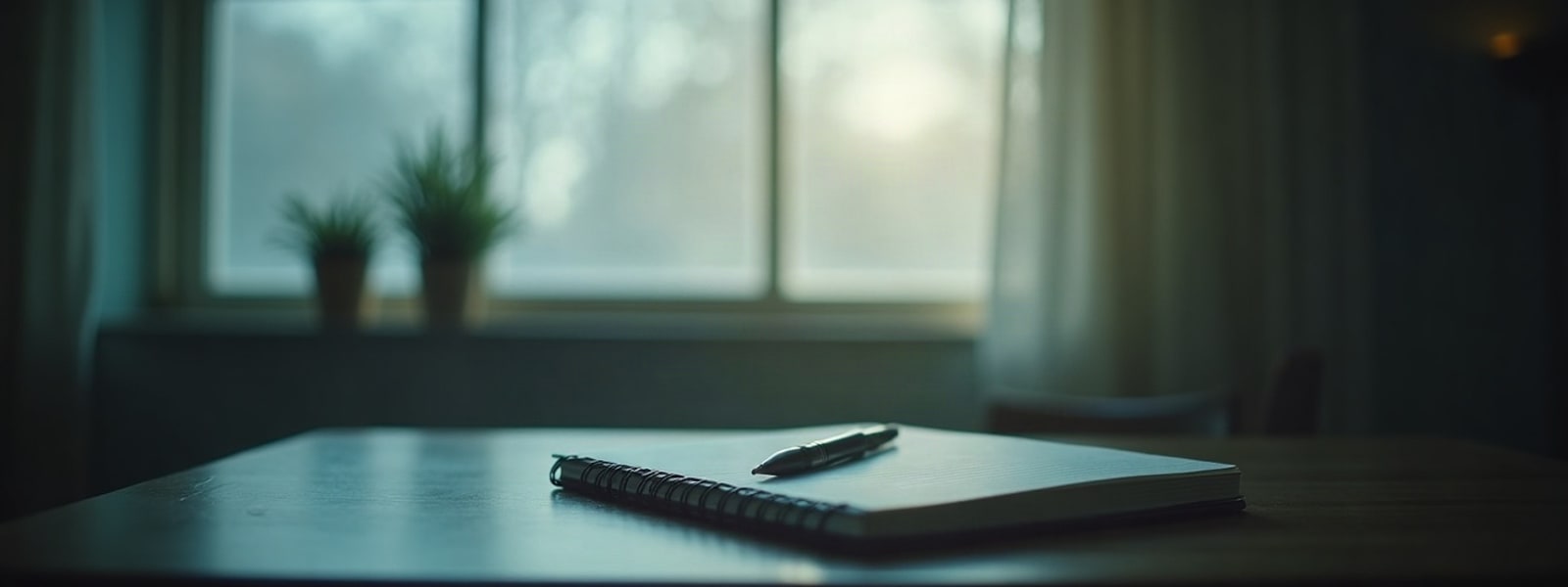 Un escritorio vacío junto a una ventana, con luz de la mañana.