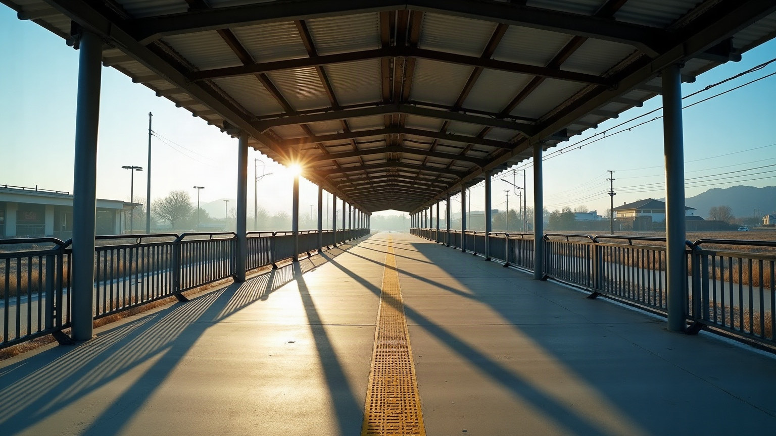An empty covered pedestrian walkway in morning light